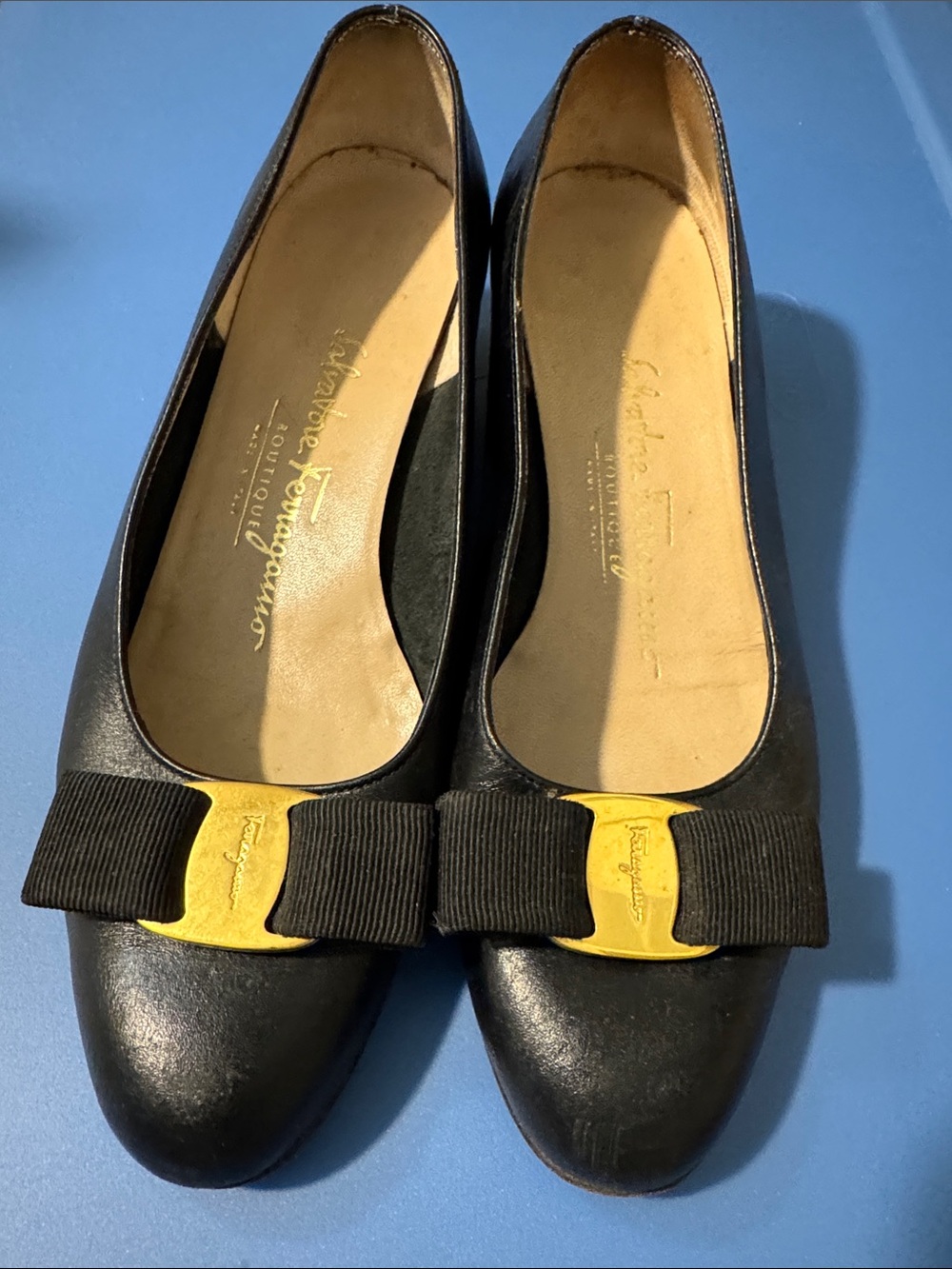 Salvatore Ferragamo Black Leather Bow Flats with Gold Accent